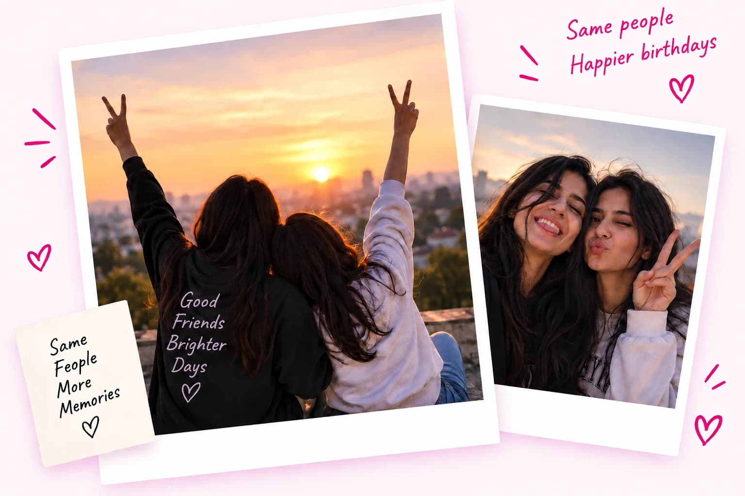 Two friends celebrating together: one photo of them watching a sunset with hands raised, another a candid selfie