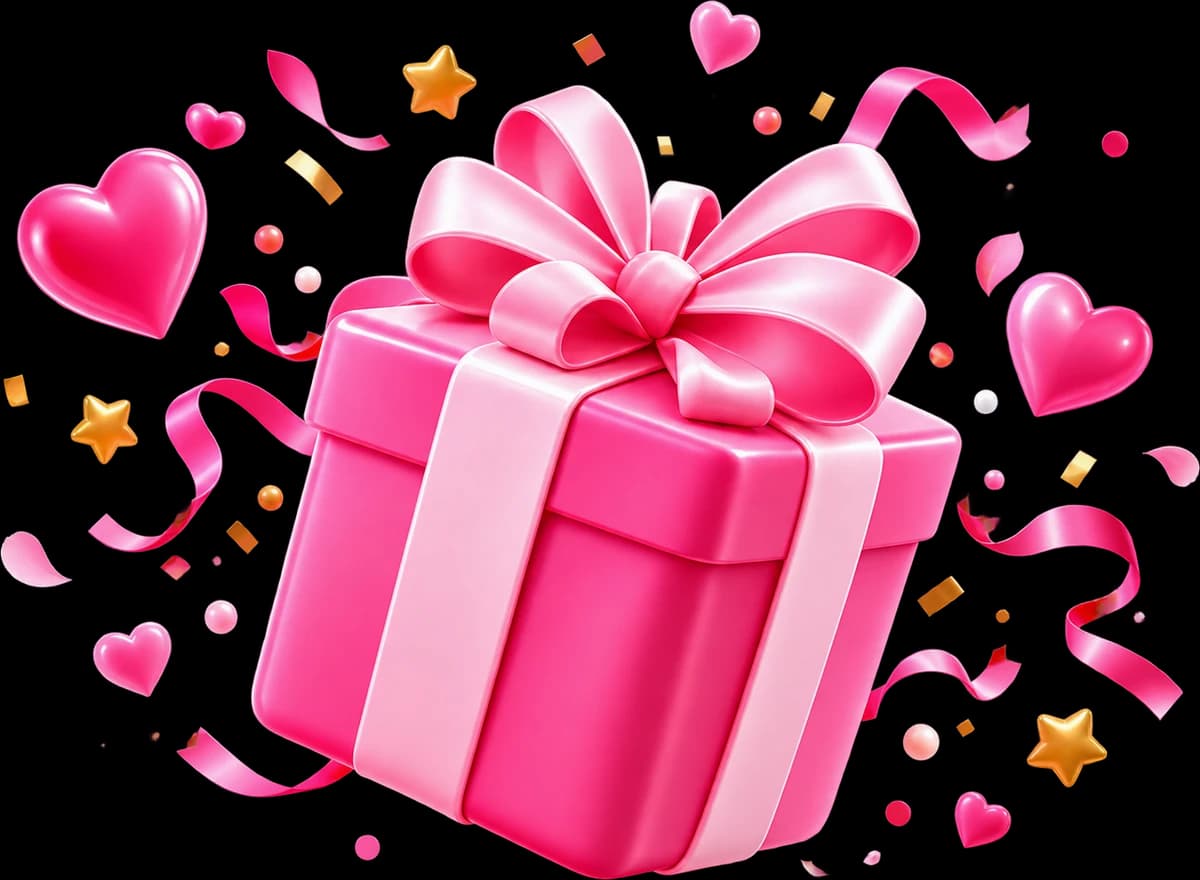 A pink birthday gift box surrounded by hearts, stars, and confetti